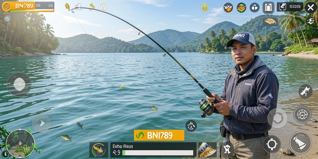 Screenshot gameplay BNI789 dengan aksi memancing seru.