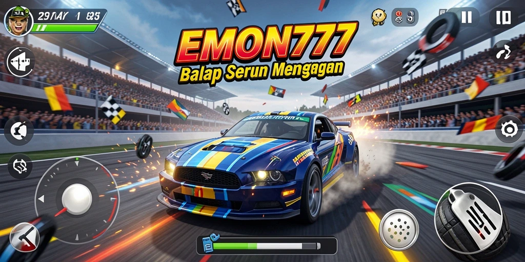 Tampilan gameplay seru dari EMON777 saat balapan berlangsung.